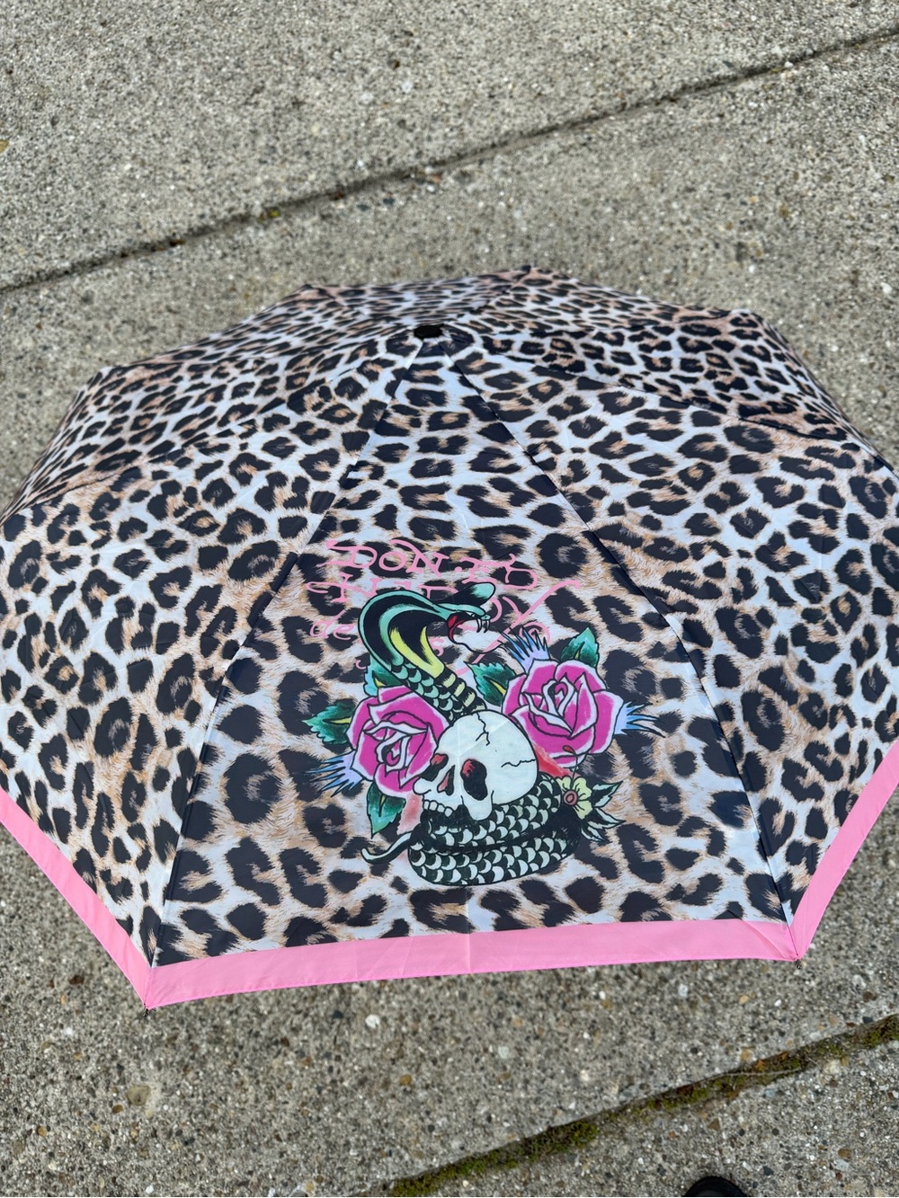 Ed Hardy Leopard Print Skull & Snake Umbrella with Pink Trim